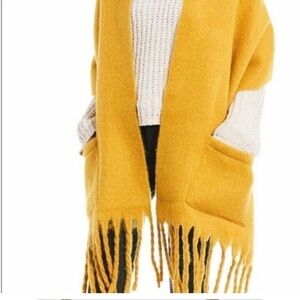 Cozy Mustard Yellow Fringe Oversized Scarf with Pockets
